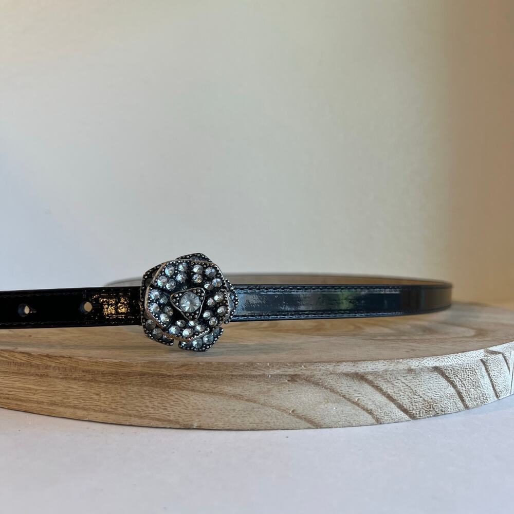 Black Genuine Leather Thin Skinny Rose Floral Embellished Buckle Belt Size M